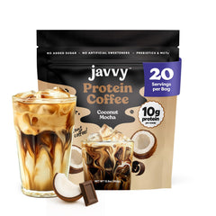 Javvy Coconut Mocha Protein Iced Coffee bottle ready to drink energy boost