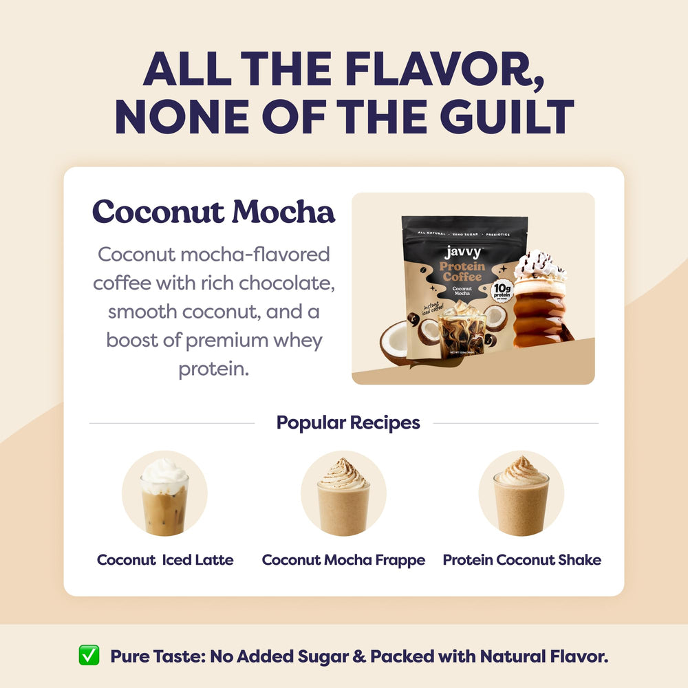 Javvy Coconut Mocha Protein Iced Coffee flavors lineup