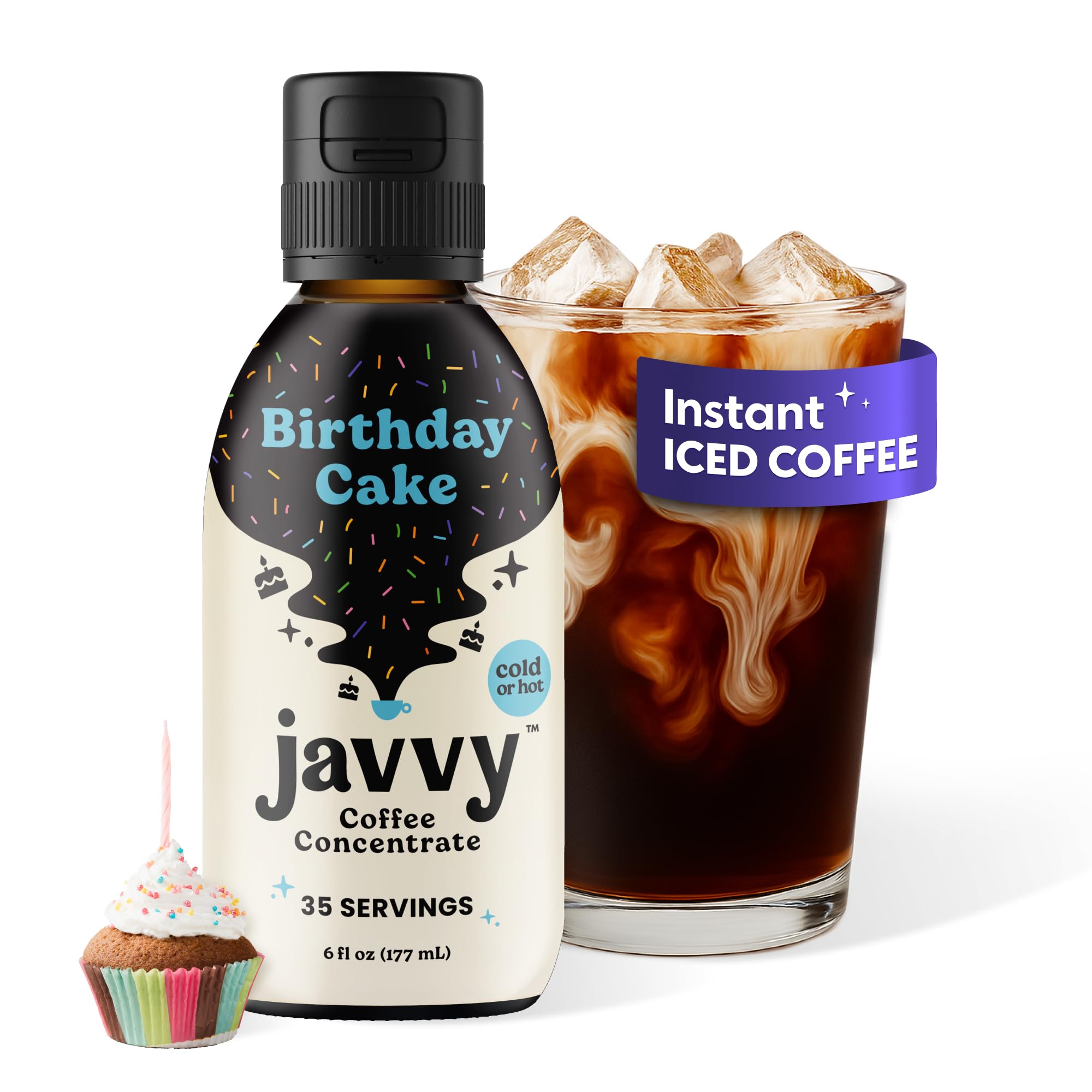 Javvy Coffee Concentrate Birthday Cake bottle showcases premium Arabica flavor