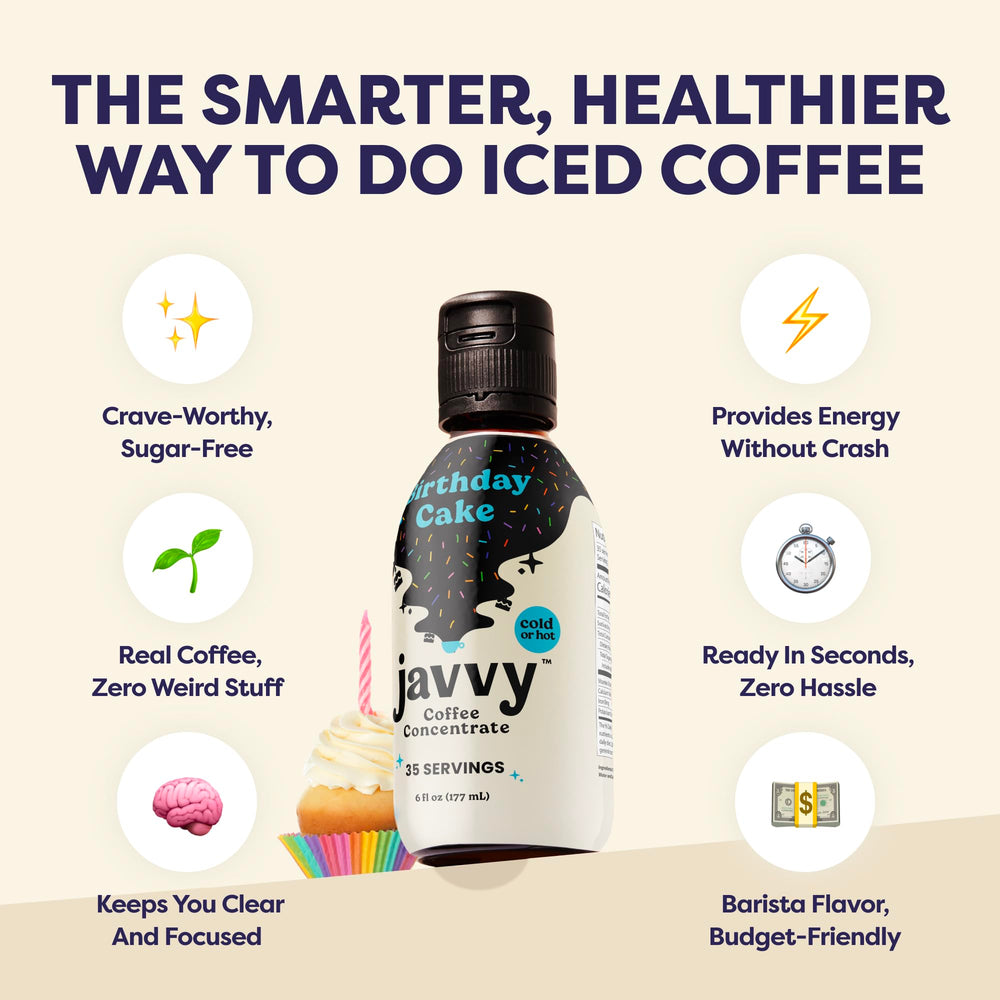 Javvy Birthday Cake cold brew display suggests long-lasting flavor