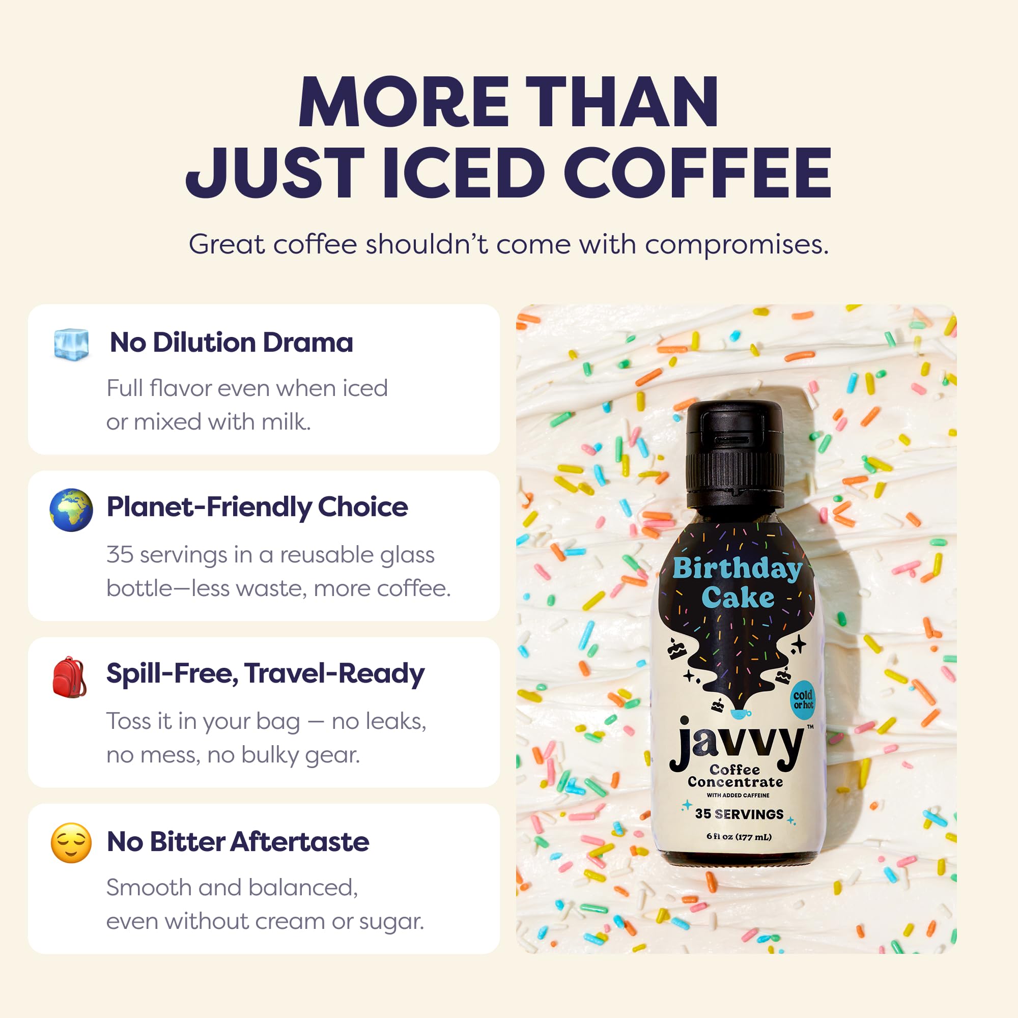 Javvy Birthday Cake jar closeup emphasizes clean ingredients