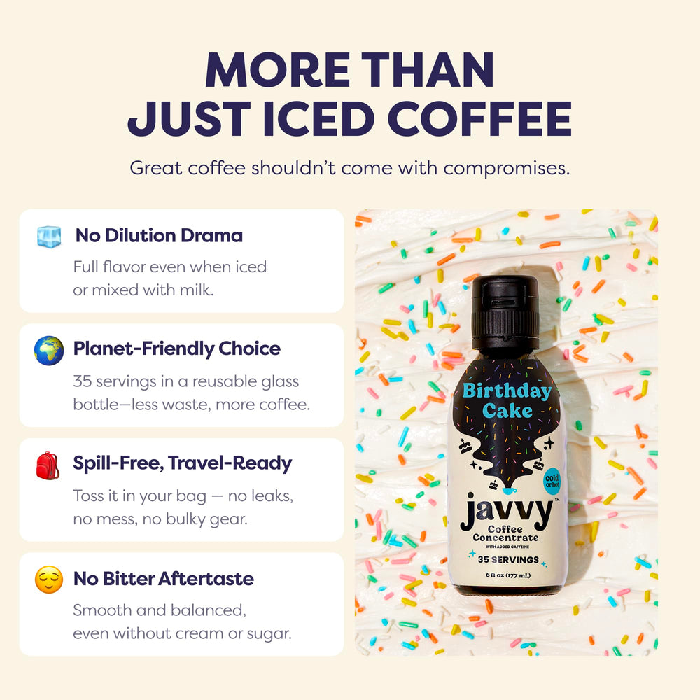 Javvy Birthday Cake jar closeup emphasizes clean ingredients