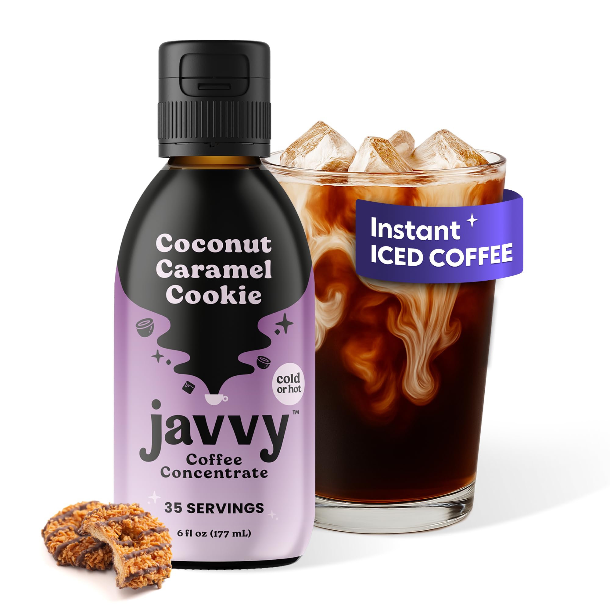 Javvy Coffee Concentrate bottle closeup showing premium Arabica flavor for smooth at-home coffee.
