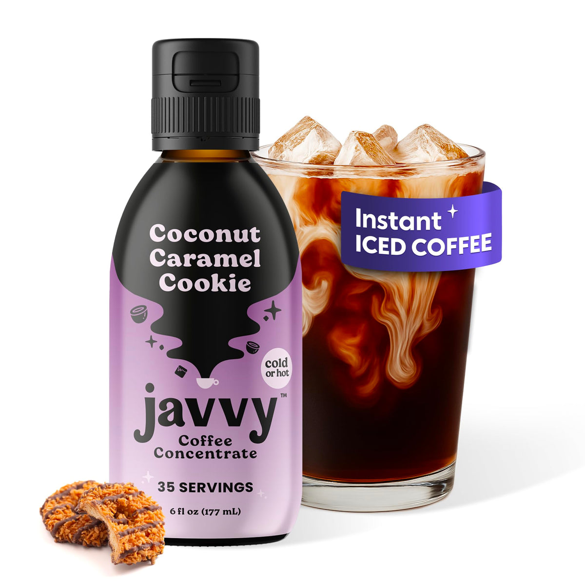 Javvy Coffee Concentrate bottle closeup showing premium Arabica flavor for smooth at-home coffee.