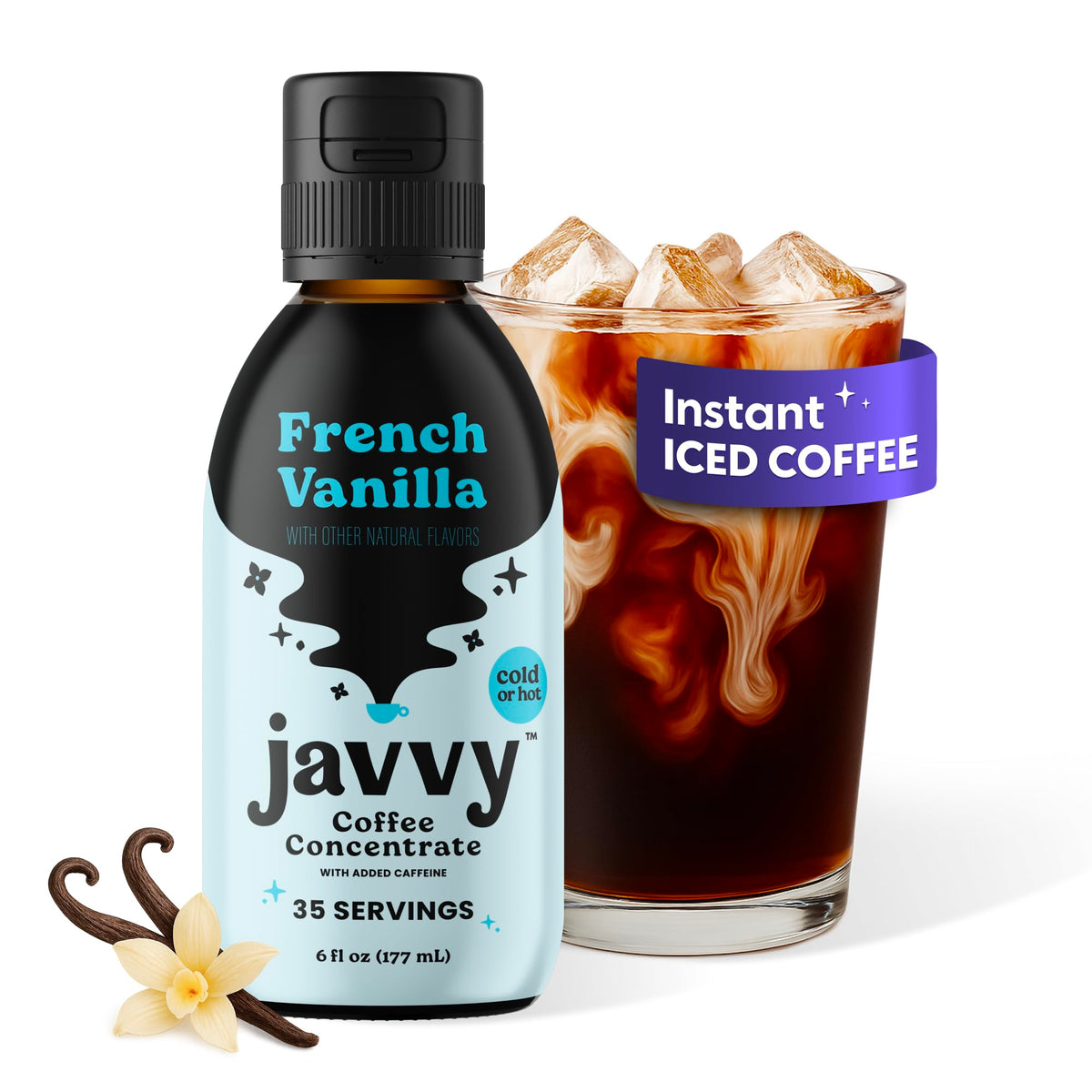 Javvy Coffee Concentrate bottle front highlighting premium arabica flavor for quick drinks.