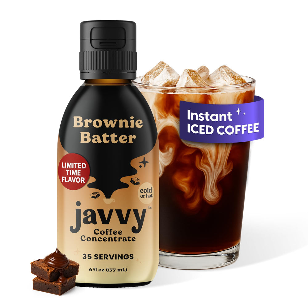 Javvy Coffee Concentrate Brownie Batter bottle, perfect for quick hot or cold coffee