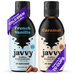 Javvy Coffee Concentrate Bundle in vanilla flavor shown in a glass for smooth iced or hot coffee.
