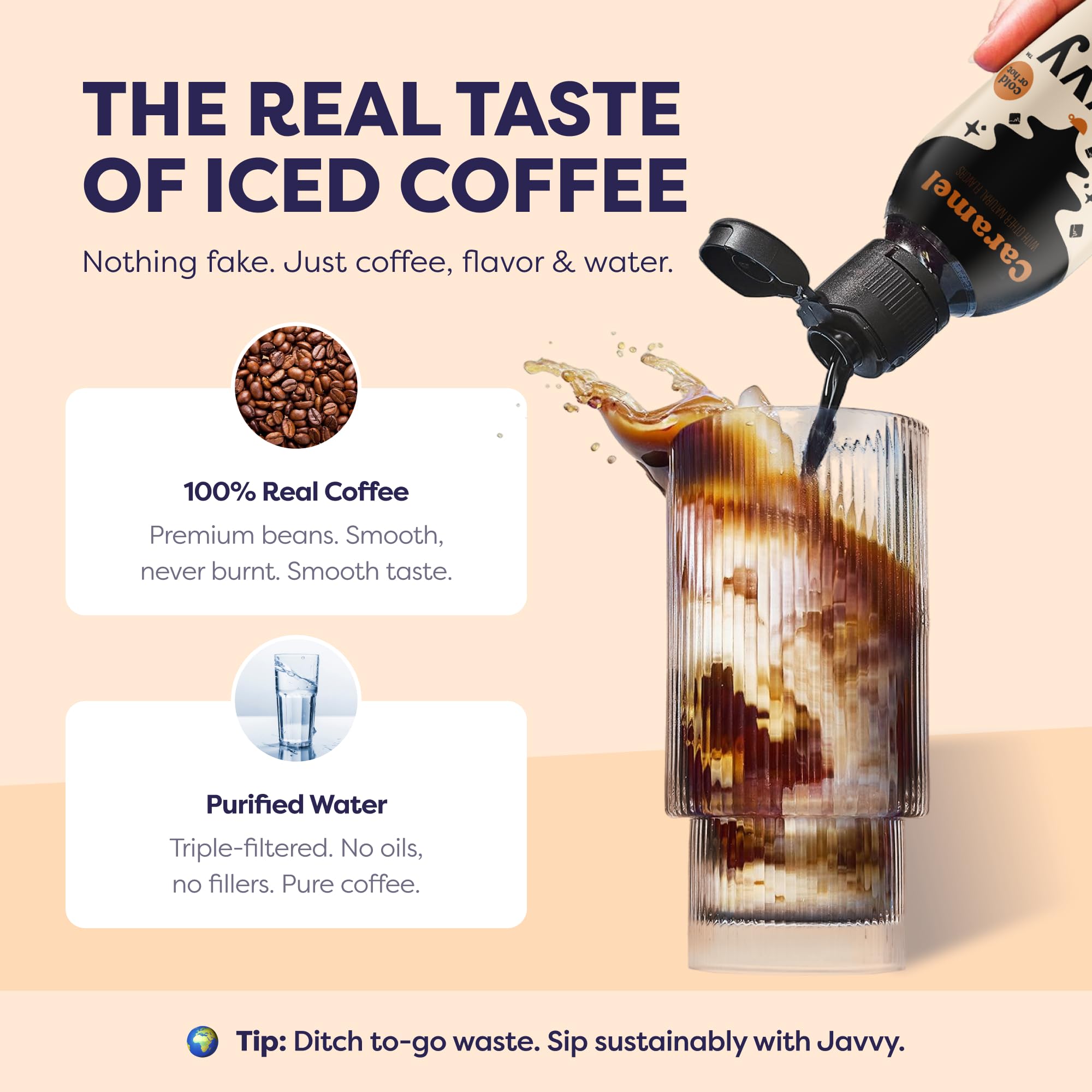 Measuring spoon beside Javvy concentrate showing 80 mg caffeine
