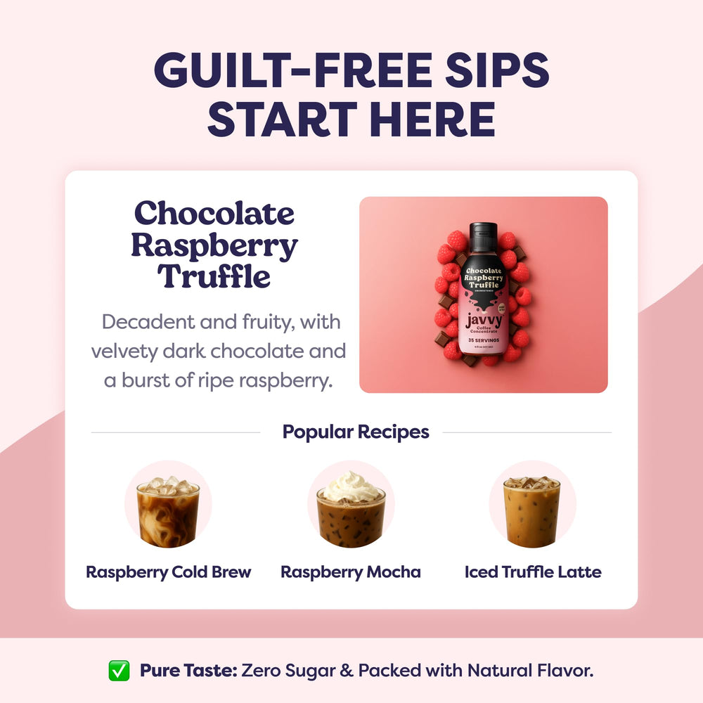 Javvy Chocolate Raspberry Truffle cold brew served over ice in a clear glass.