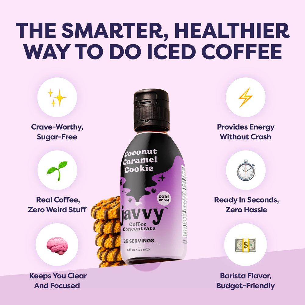 Javvy Coffee Concentrate Coconut Caramel Cookie flavor label with tropical sweetness.