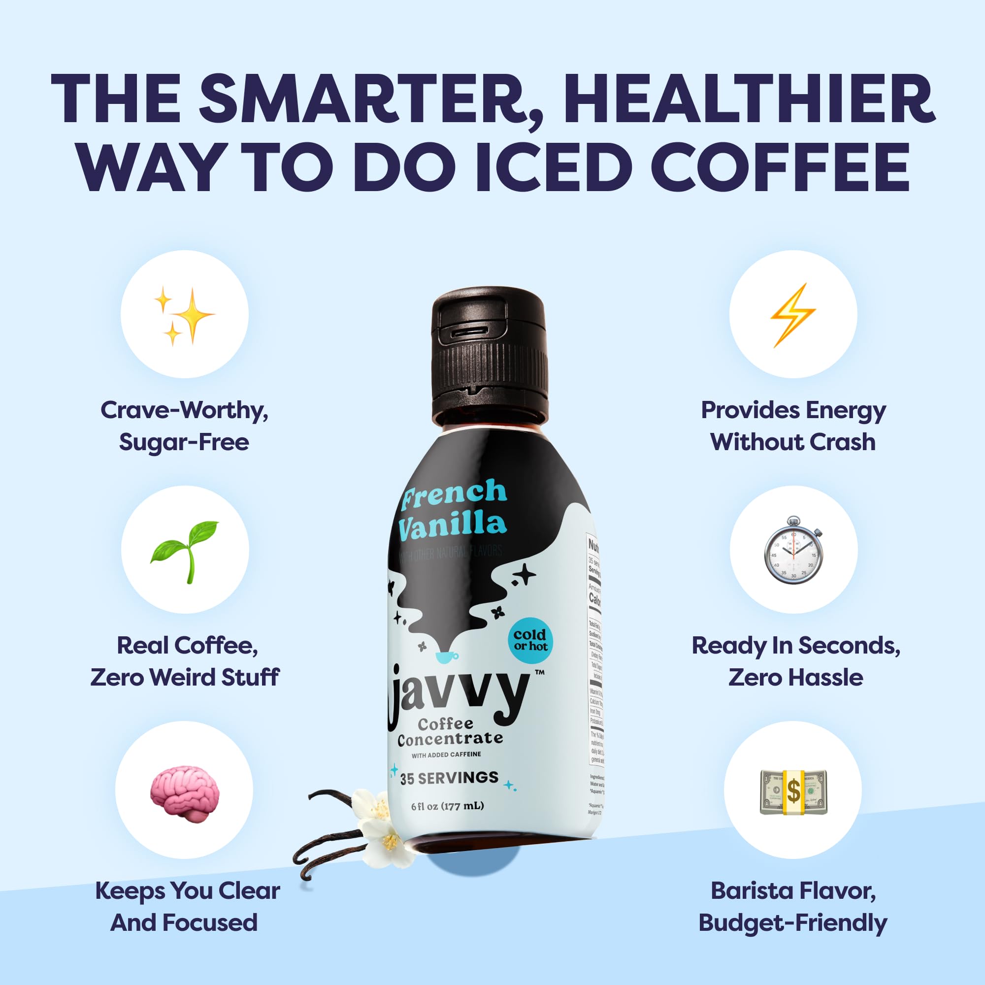 Close-up of Javvy Coffee Concentrate used in cold brew with ice.