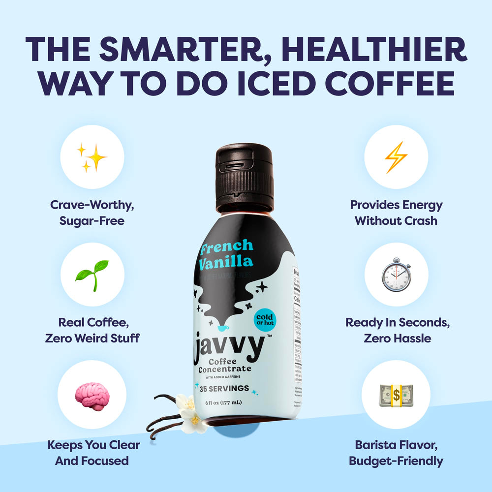 Close-up of Javvy Coffee Concentrate used in cold brew with ice.