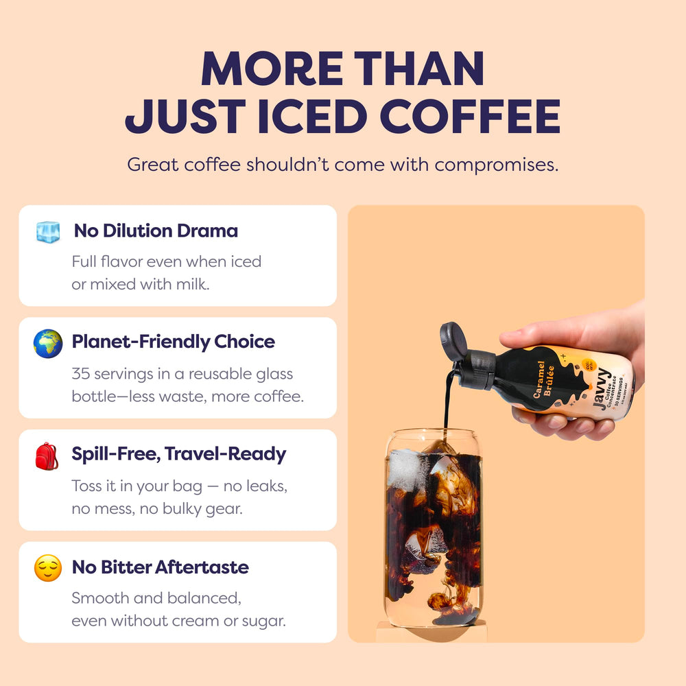 Slow pour shows customizable strength with Javvy concentrate for lattes.