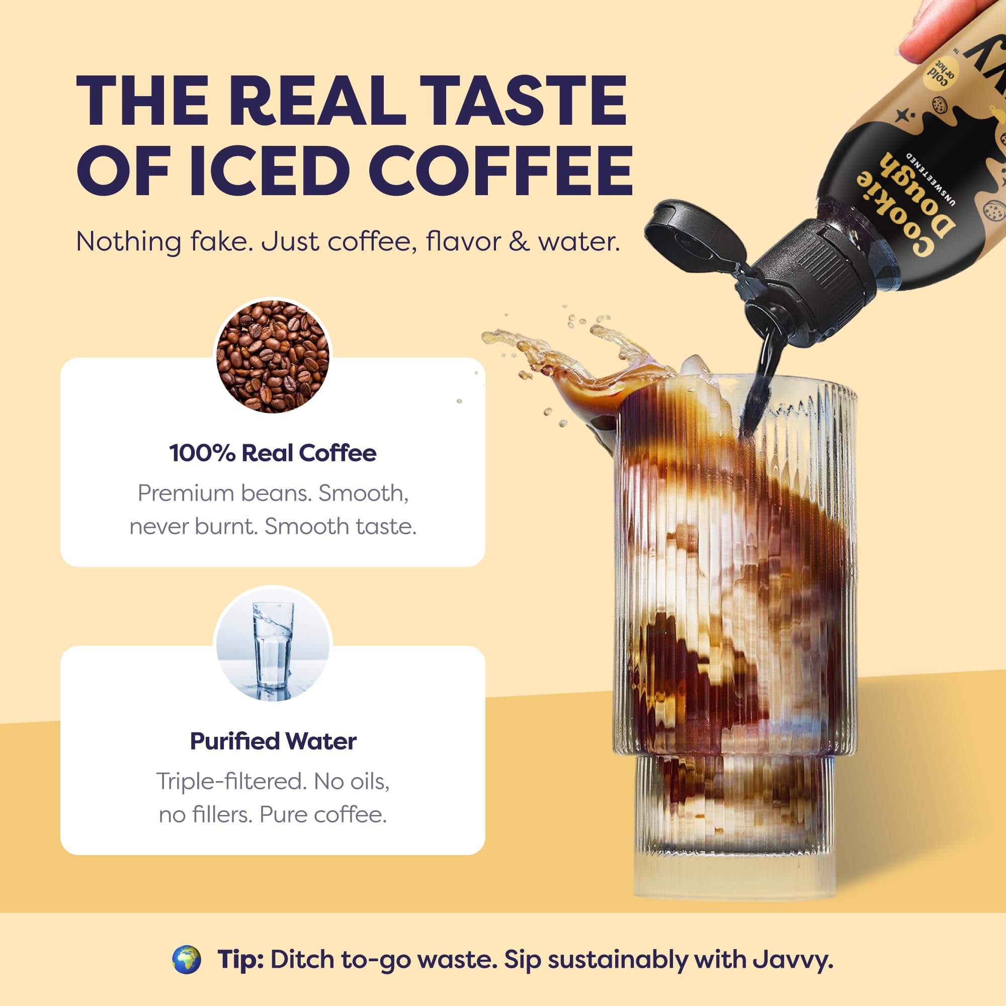 Javvy Coffee Concentrate Cookie Dough being poured into a glass for easy customization.