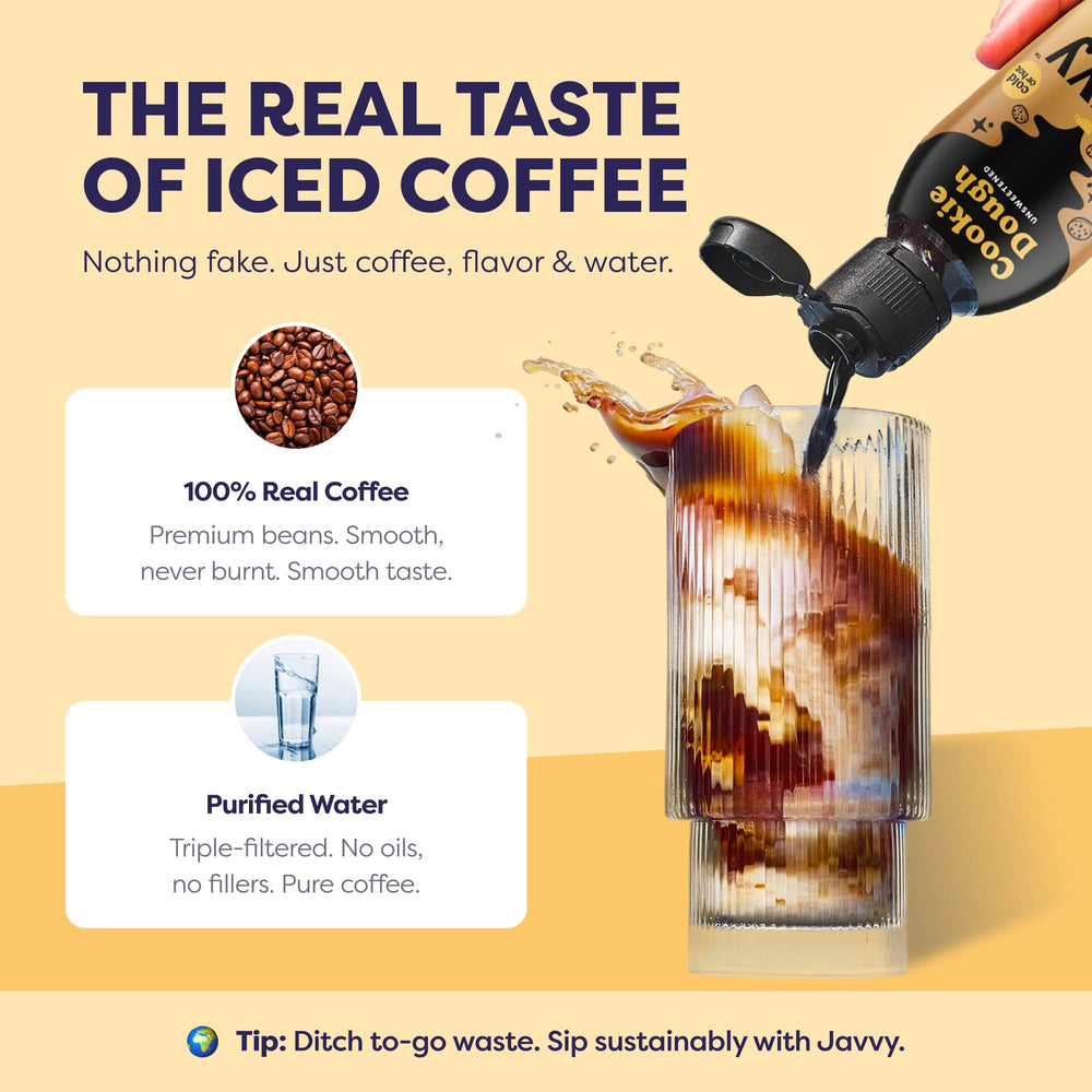Javvy Coffee Concentrate Cookie Dough being poured into a glass for easy customization.