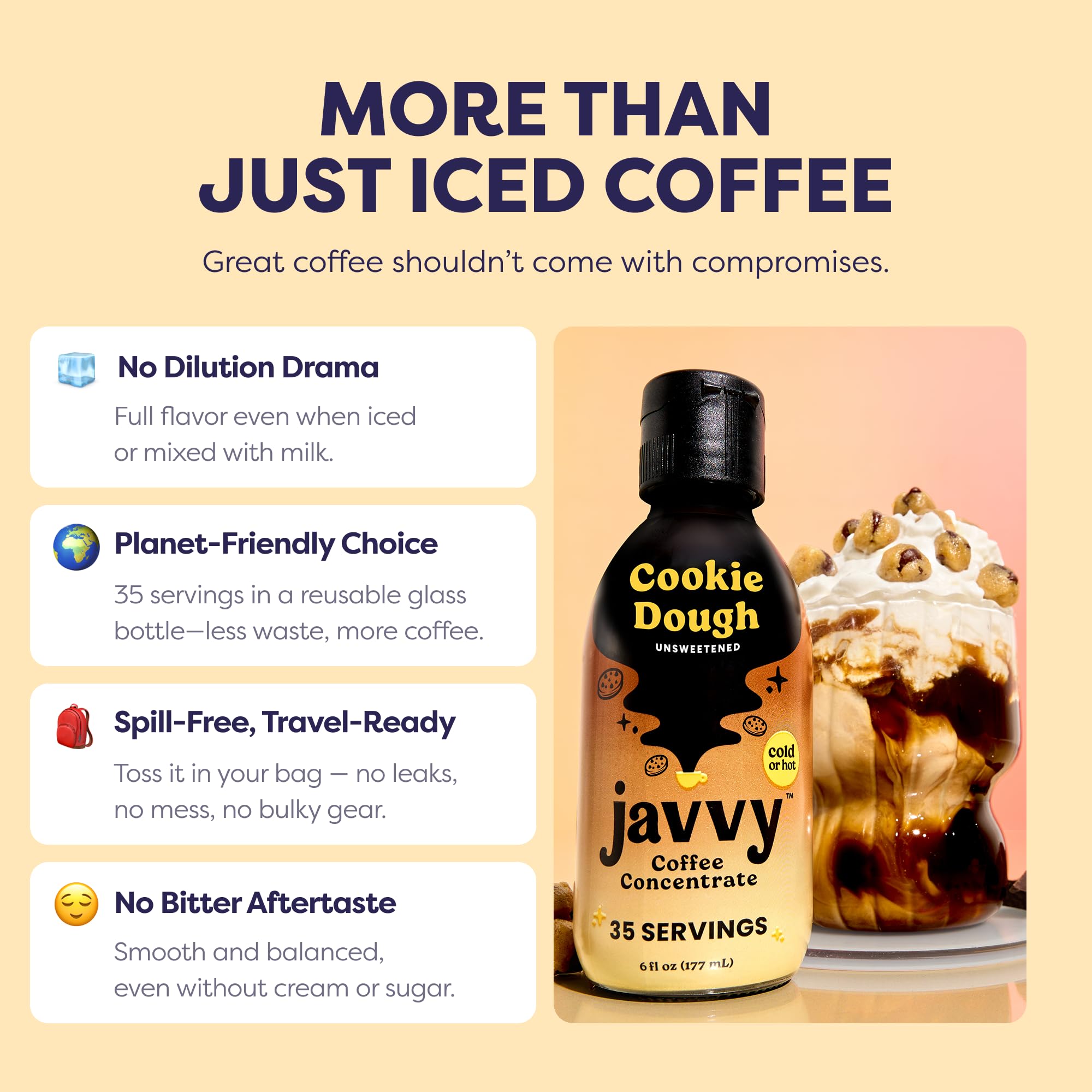 Javvy Cookie Dough bottle with milk for creamy latte ideas.
