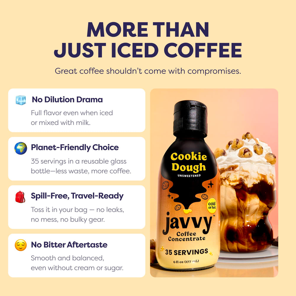 Javvy Cookie Dough bottle with milk for creamy latte ideas.