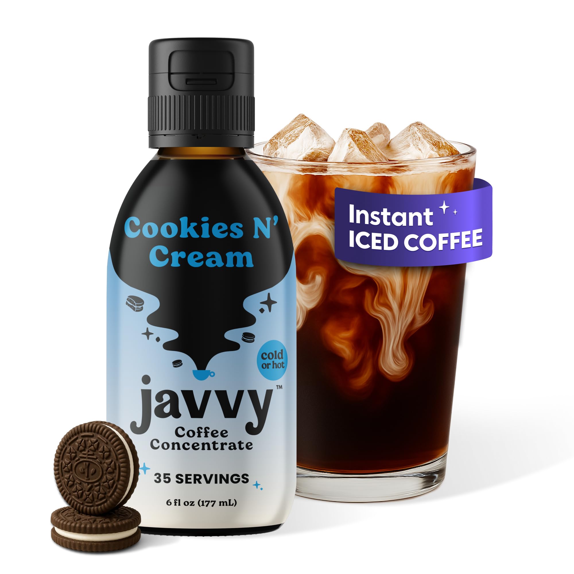 Javvy Cookies N’ Cream coffee concentrate bottle for rich, smooth hot or cold brew