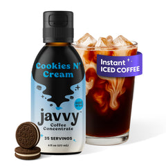 Javvy Cookies N’ Cream coffee concentrate bottle for rich, smooth hot or cold brew