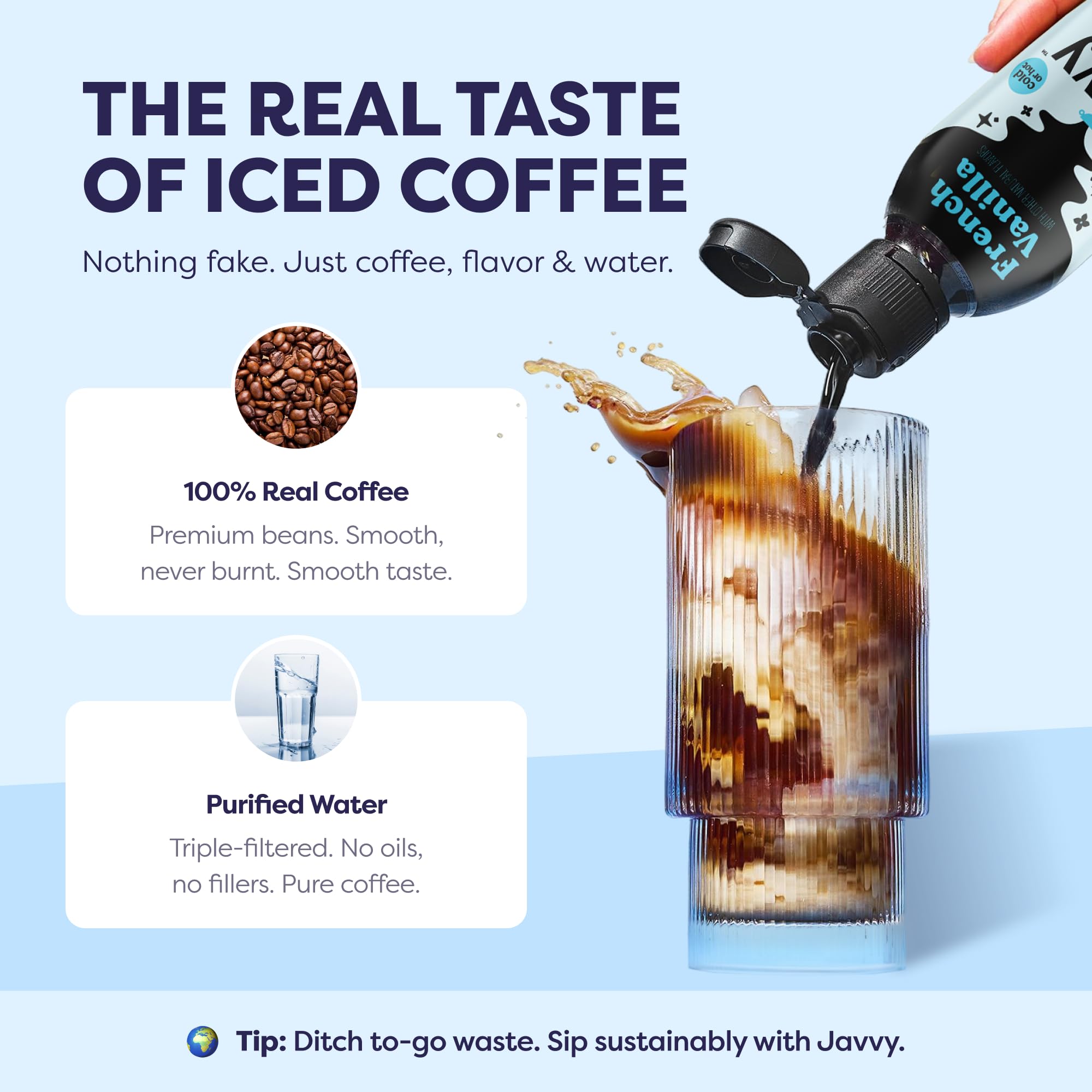 Javvy Coffee Concentrate French Vanilla glass showcasing creamy aroma.
