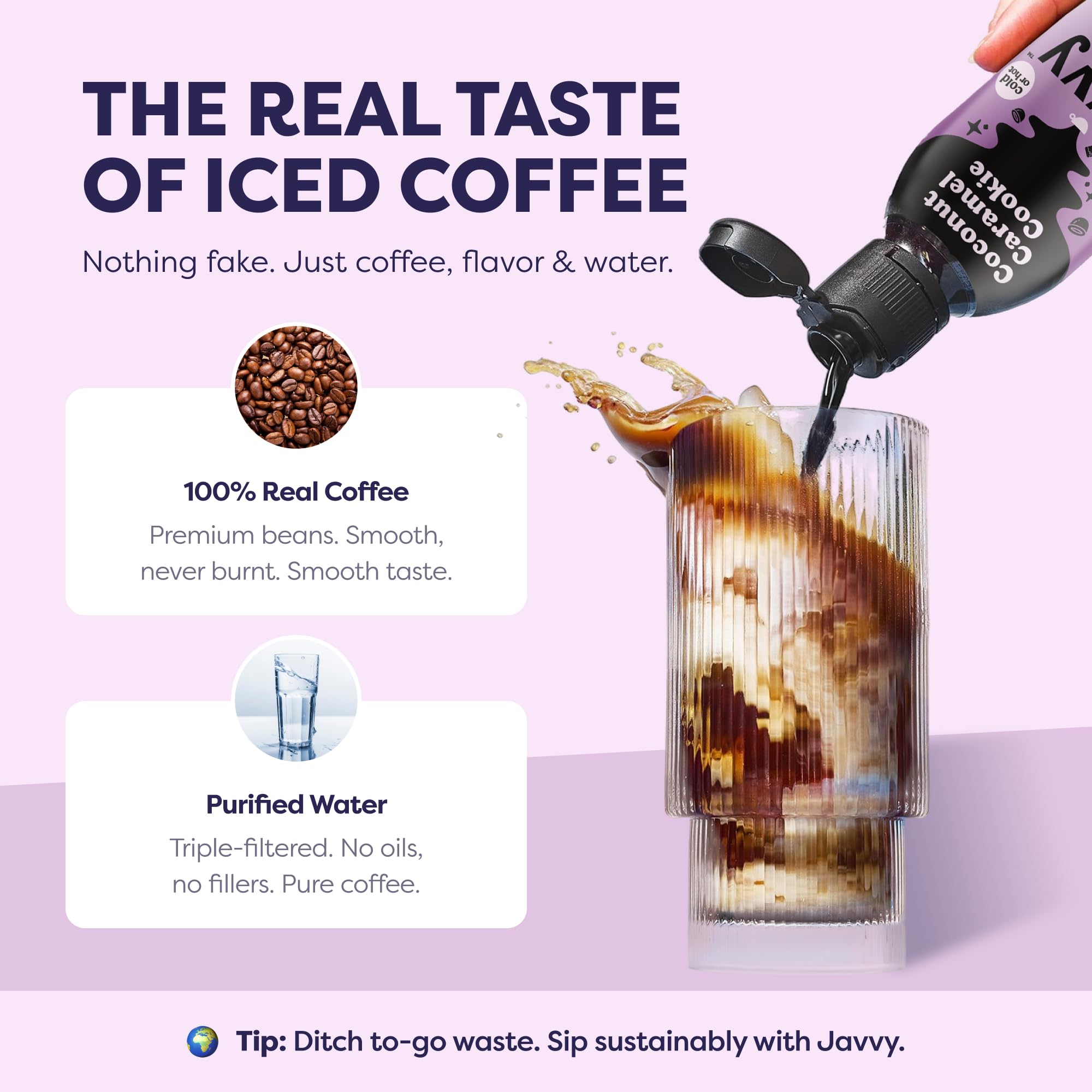 Javvy Coffee Concentrate latte prep demonstrating customizable strength.