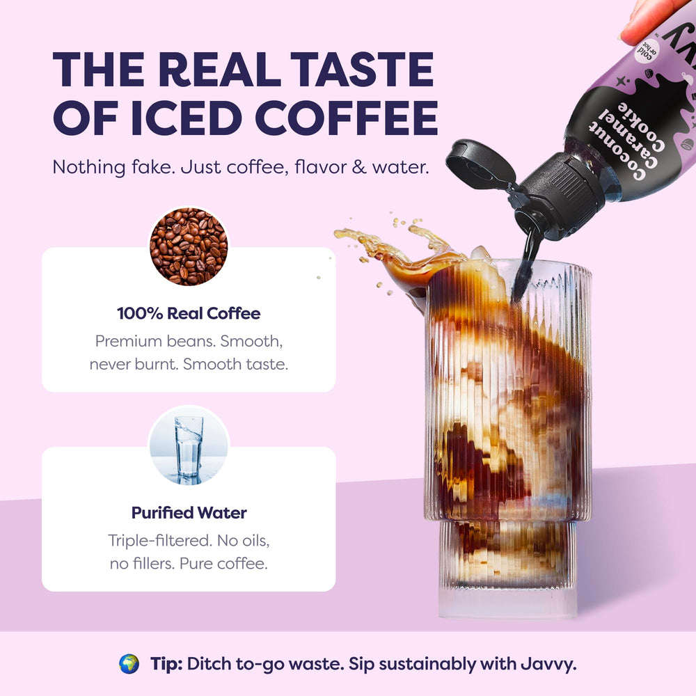 Javvy Coffee Concentrate latte prep demonstrating customizable strength.
