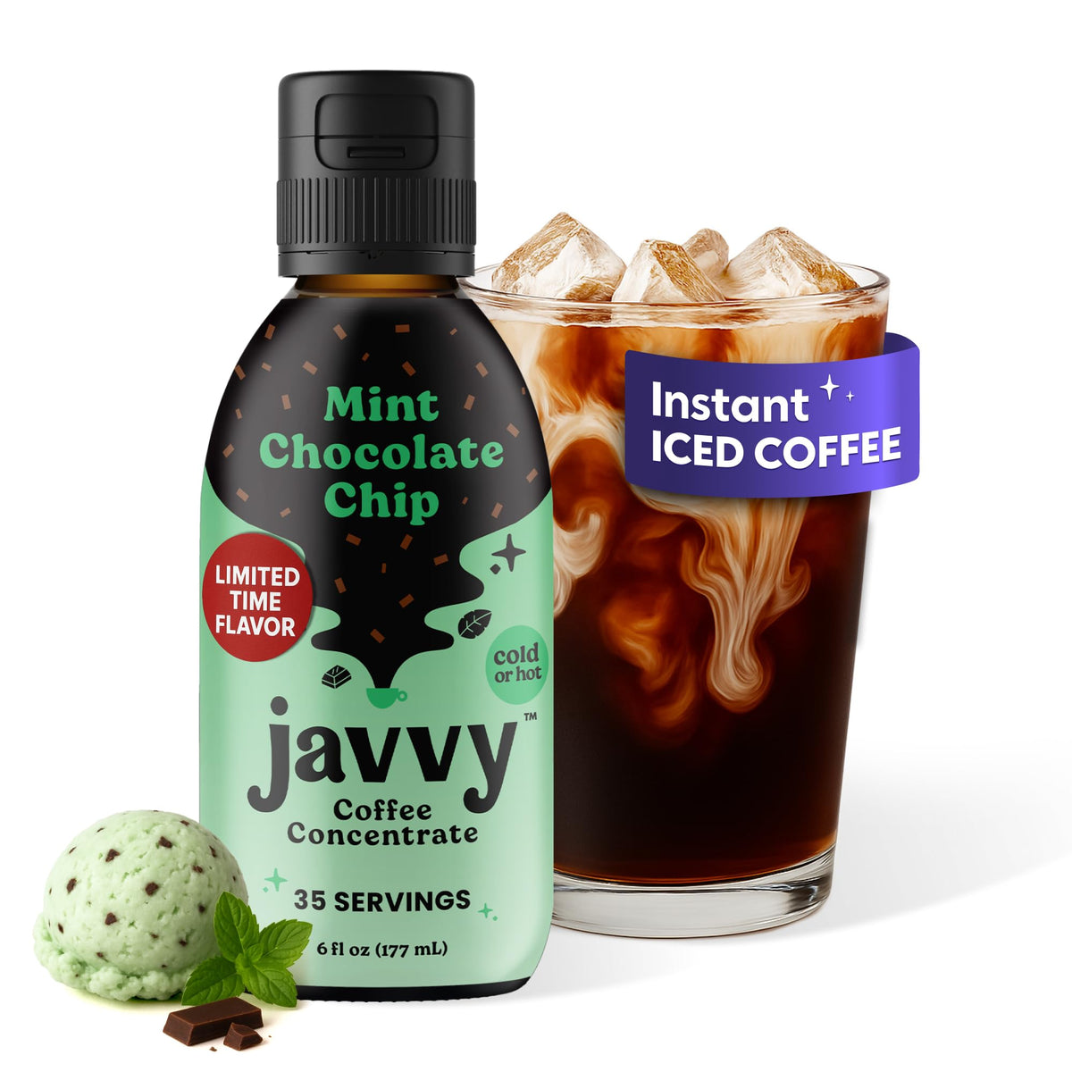 Javvy mint chocolate chip coffee concentrate bottle for easy hot or iced drinks