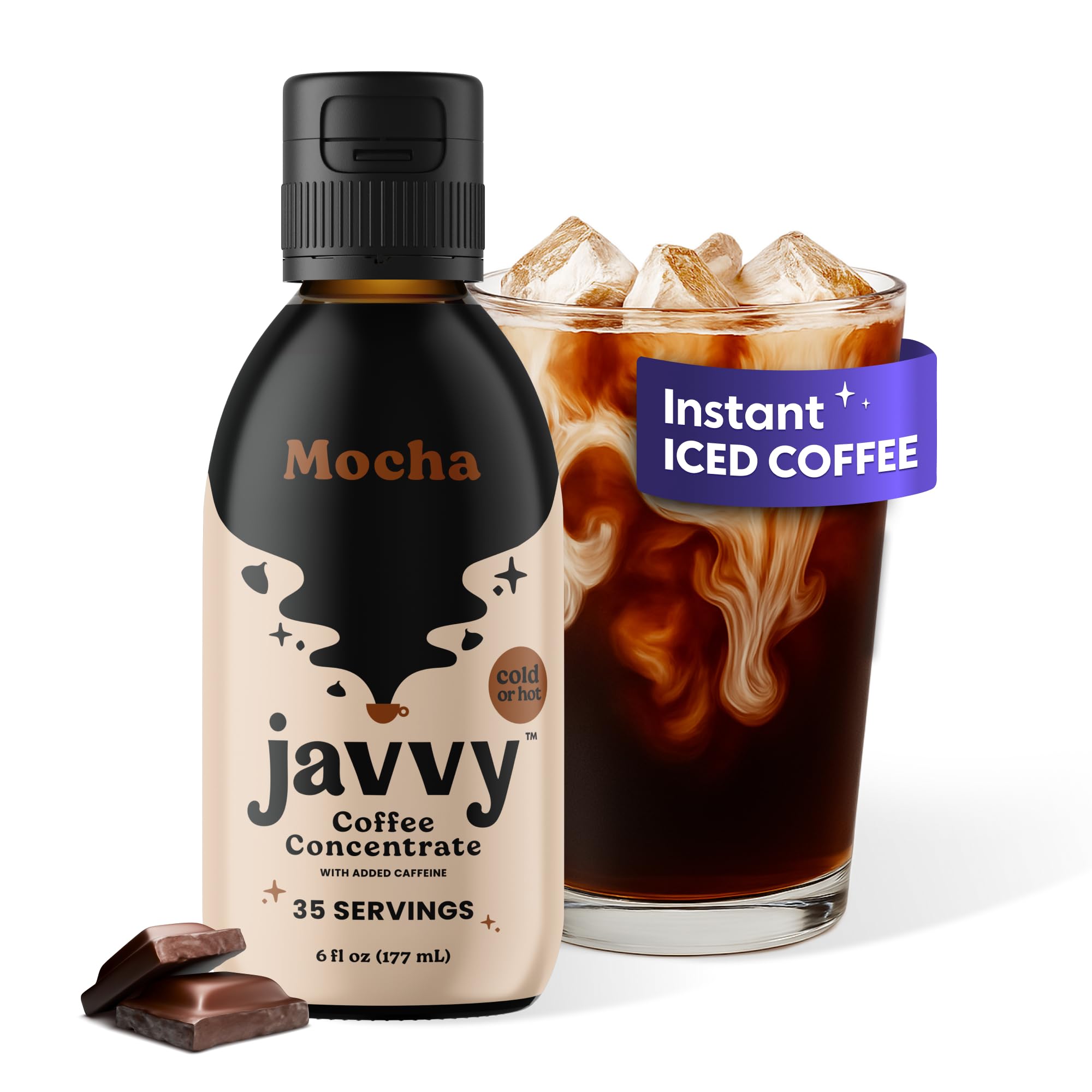 Javvy Coffee Concentrate Mocha bottle on the counter for quick hot or iced coffee.