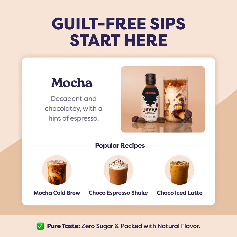 Cup of hot Javvy Mocha concentrate ready for a cozy latte.