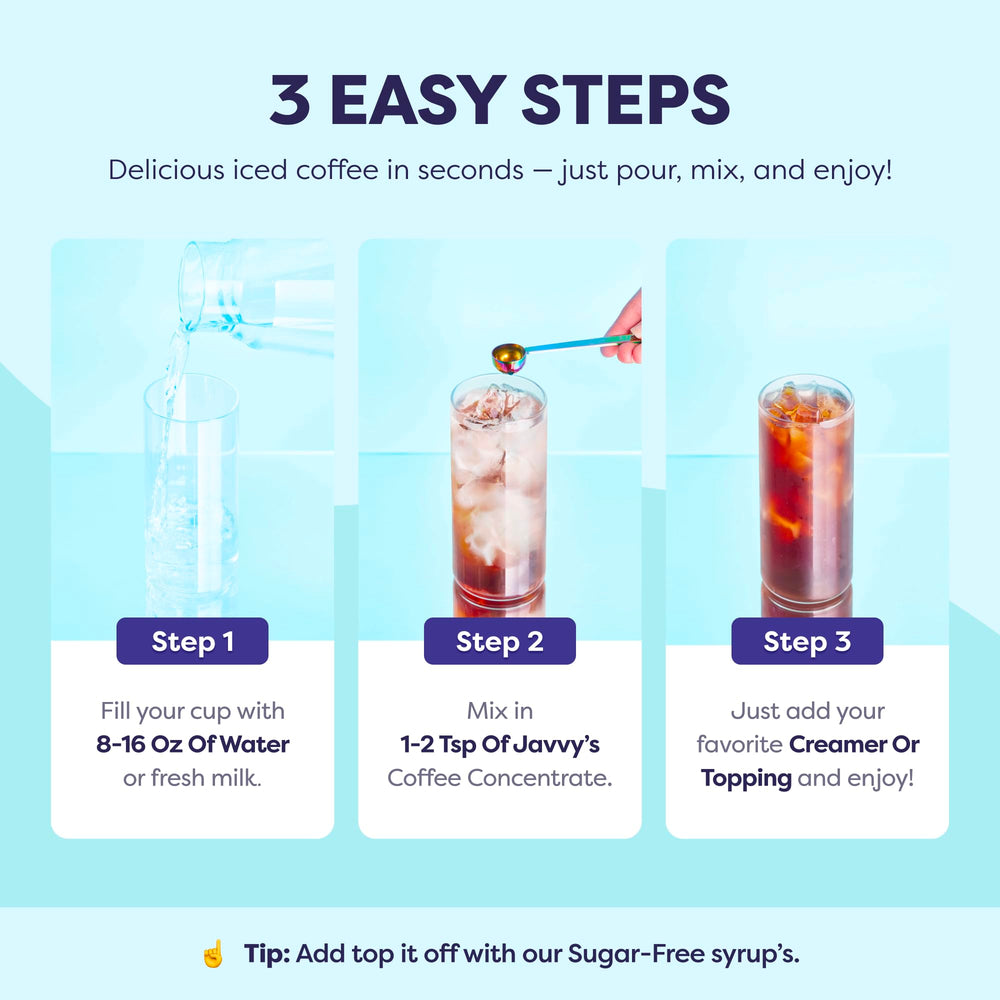 Javvy Coffee Concentrate Morning routine cup conveys quick, flavorful boosts for busy mornings.