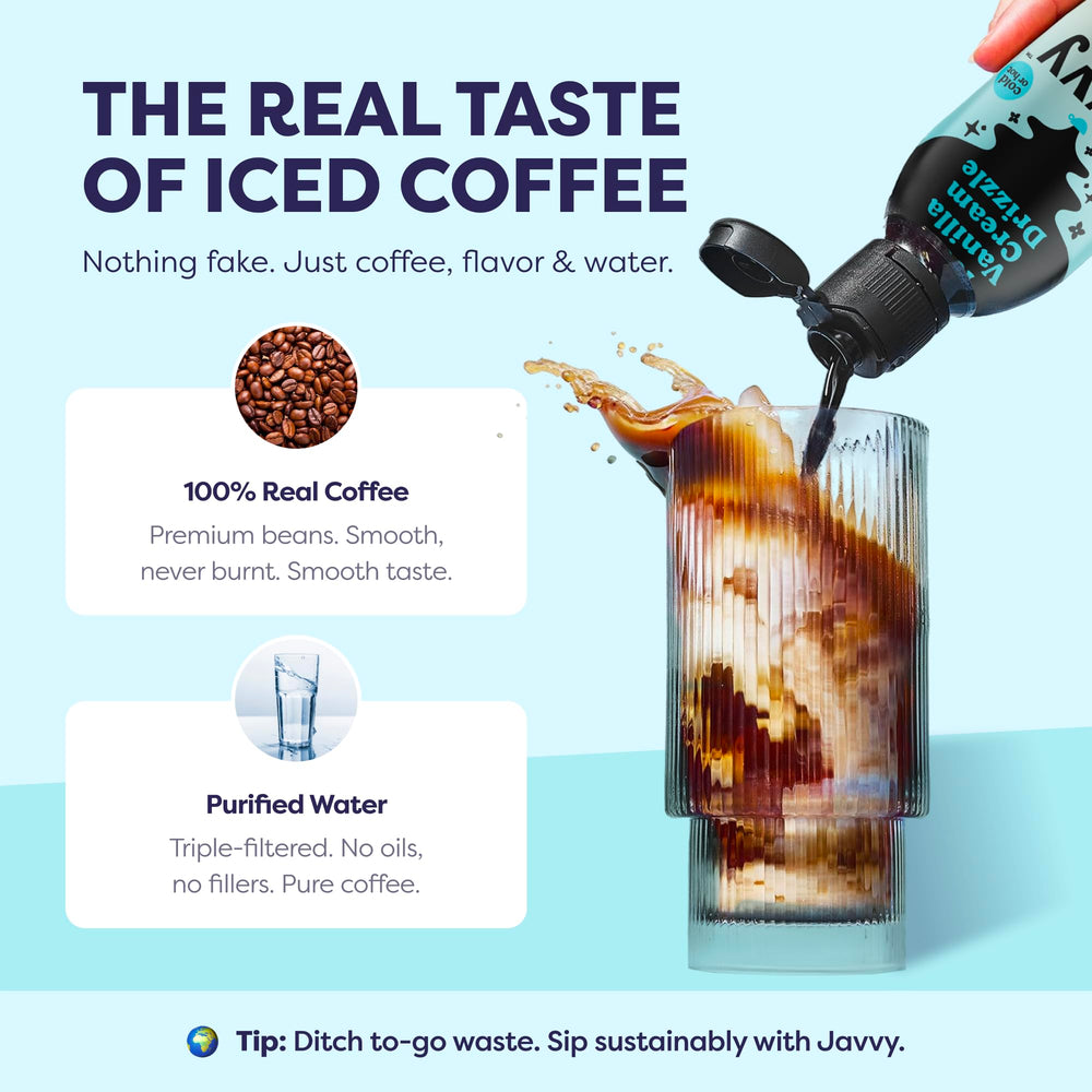 Javvy Coffee Concentrate Natural flavors label communicates clean ingredients for a healthier coffee experience.