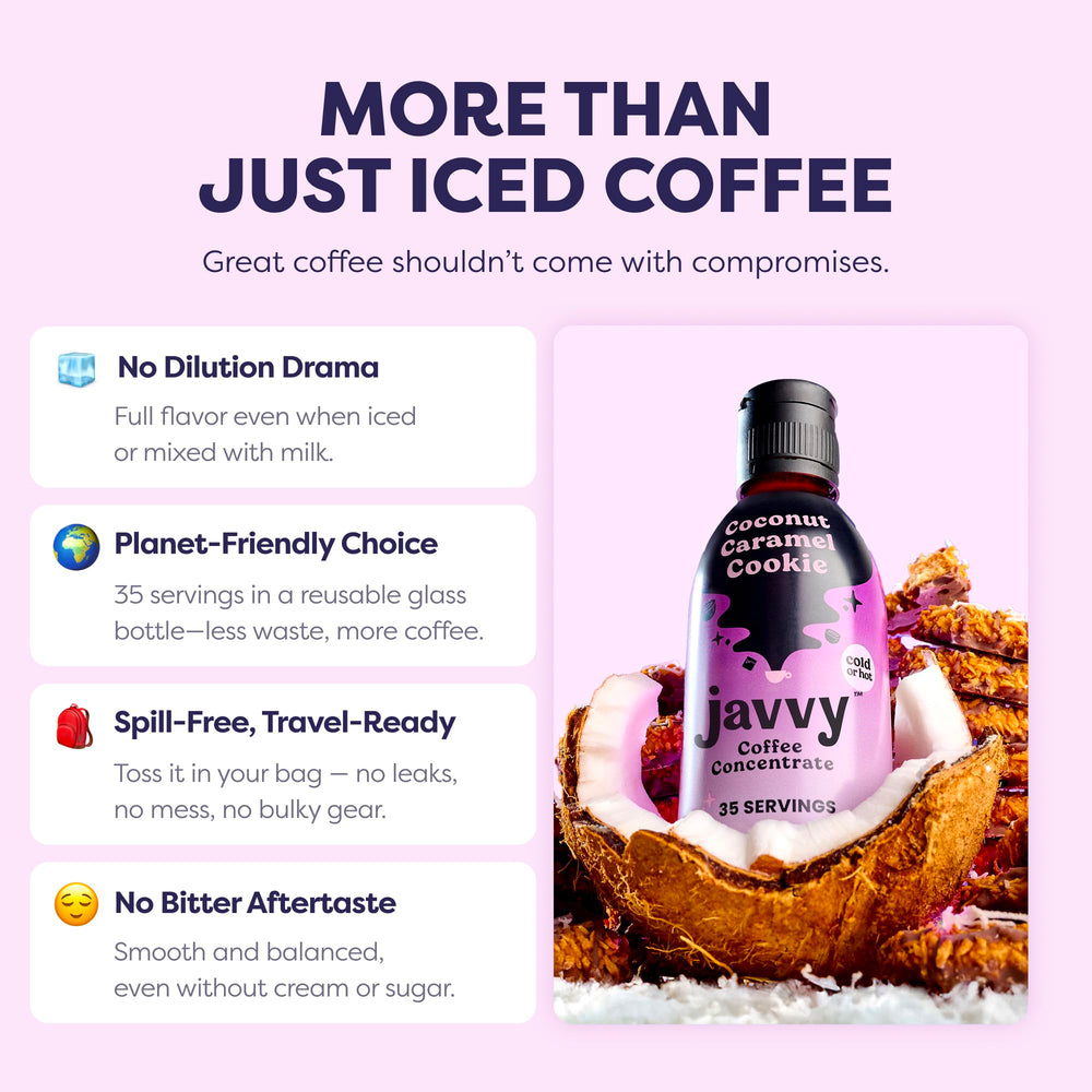 Javvy Coffee Concentrate package label highlighting 35 servings value.