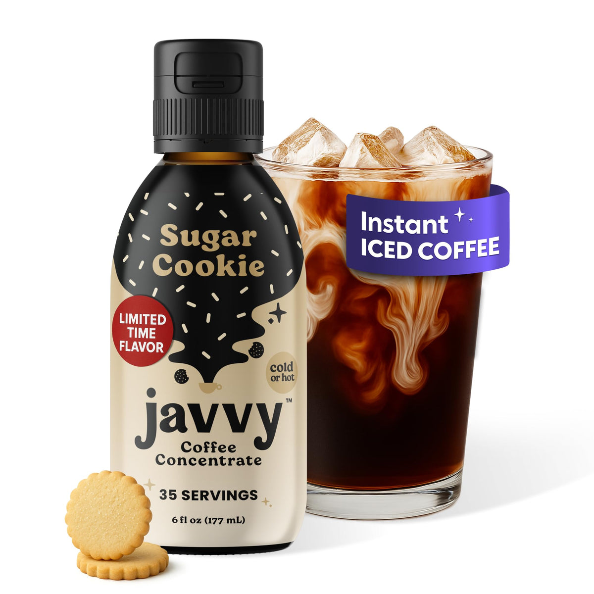 Javvy Sugar Cookie coffee concentrate bottle shows premium Arabica flavor for hot or cold drinks.