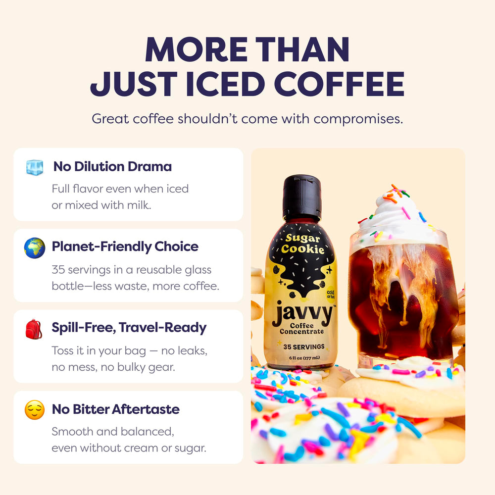 Javvy Sugar Cookie ingredients include Arabica beans and purified water.