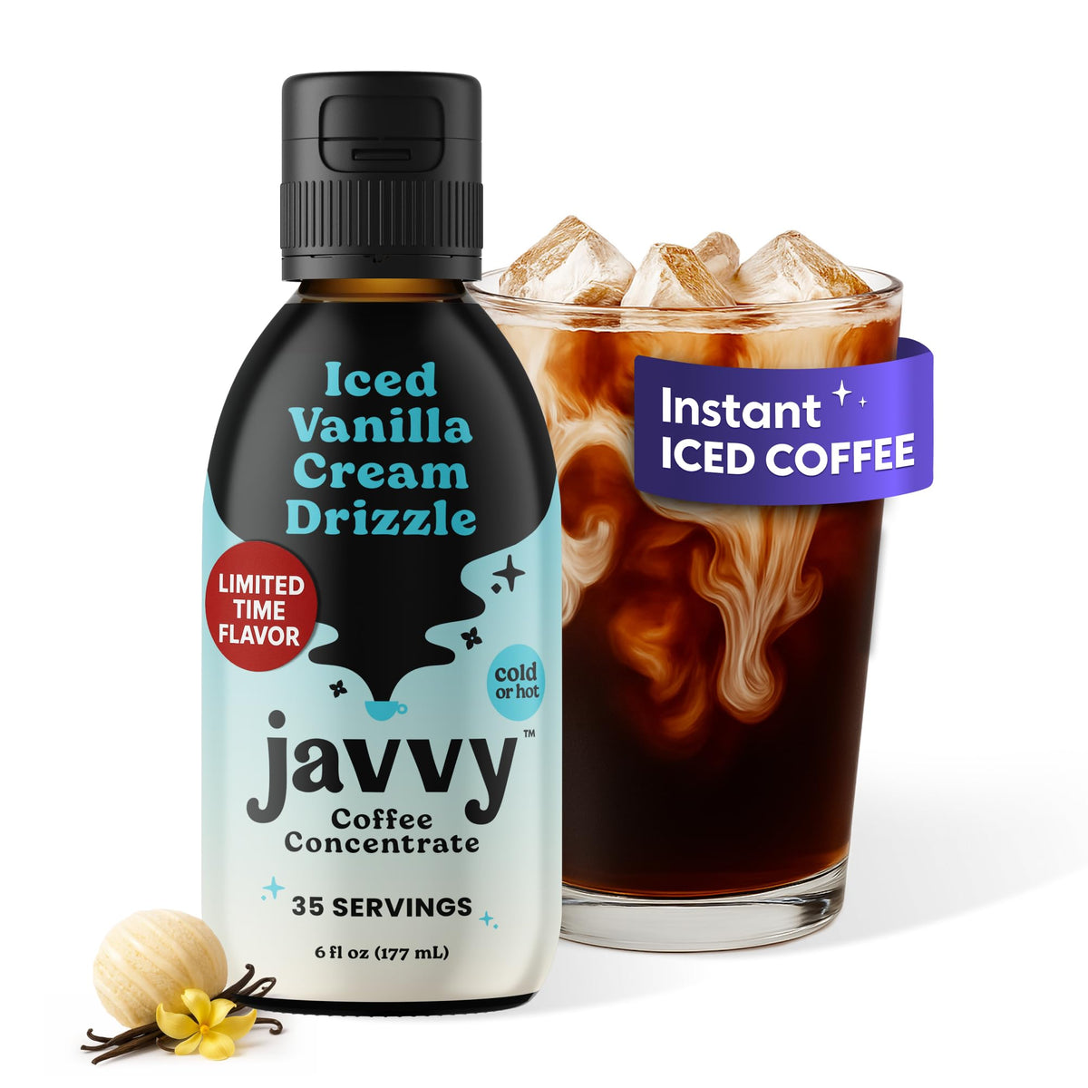 Javvy Coffee Concentrate Vanilla Cream Drizzle bottle highlights premium Arabica aroma for smooth beverages.
