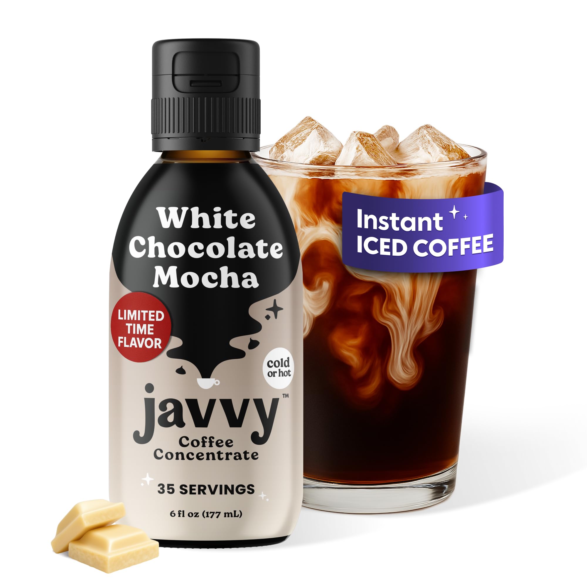 Javvy White Chocolate Mocha coffee concentrate bottle ideal for hot and iced drinks.