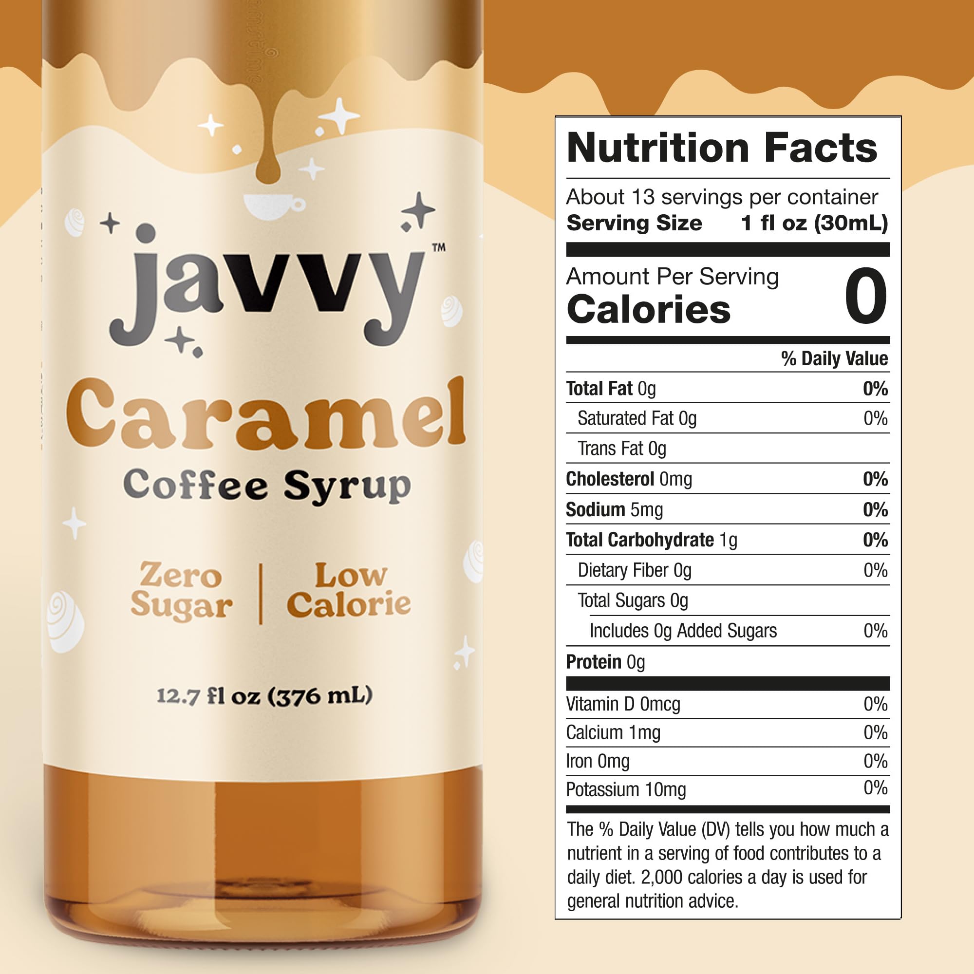 Javvy Caramel coffee syrup bottle pouring to elevate drinks