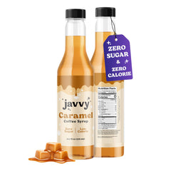 Javvy Coffee Syrup Caramel bottle showing zero-sugar flavor for daily coffees.