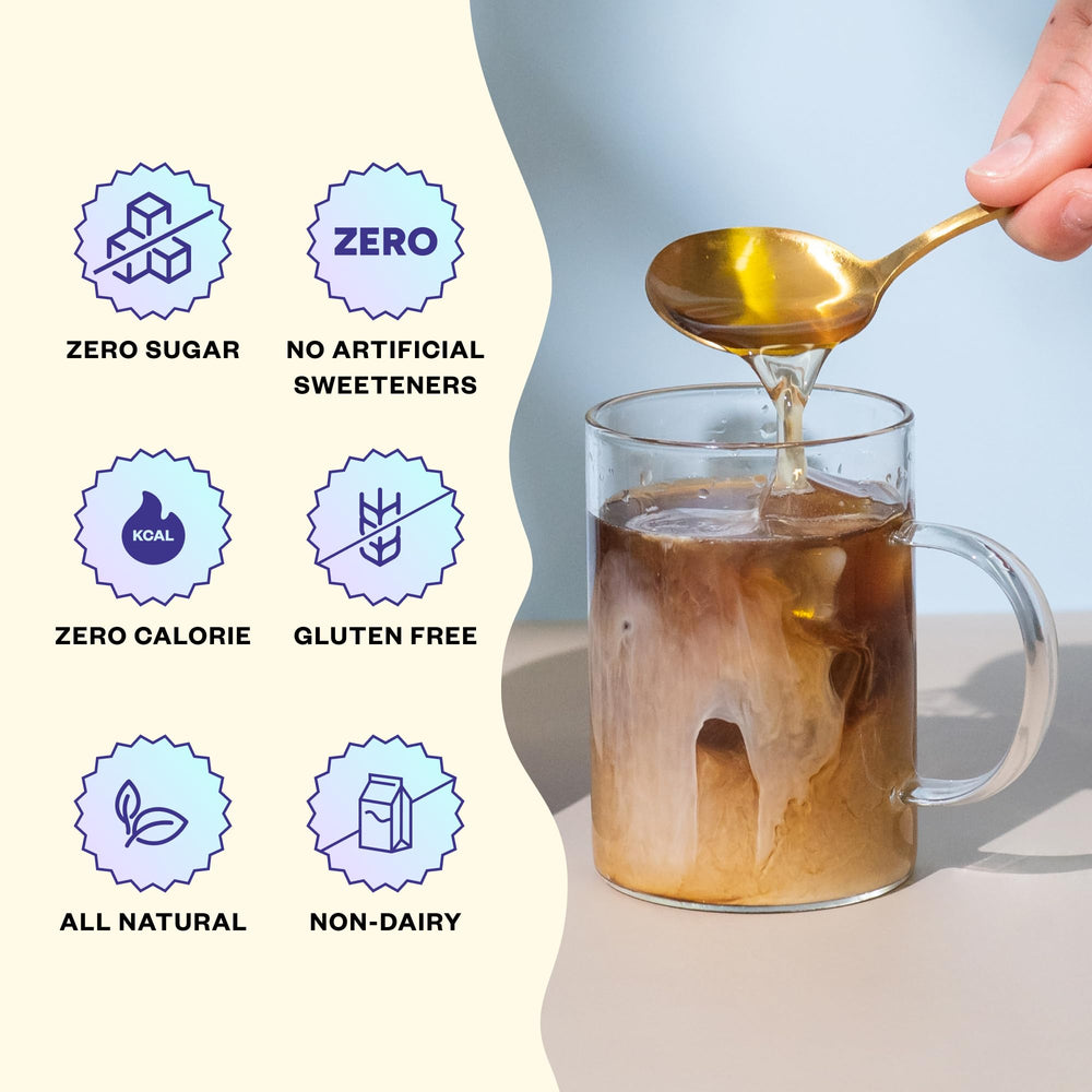 Javvy Coffee Syrup Caramel in a hot coffee scene with rich aroma.