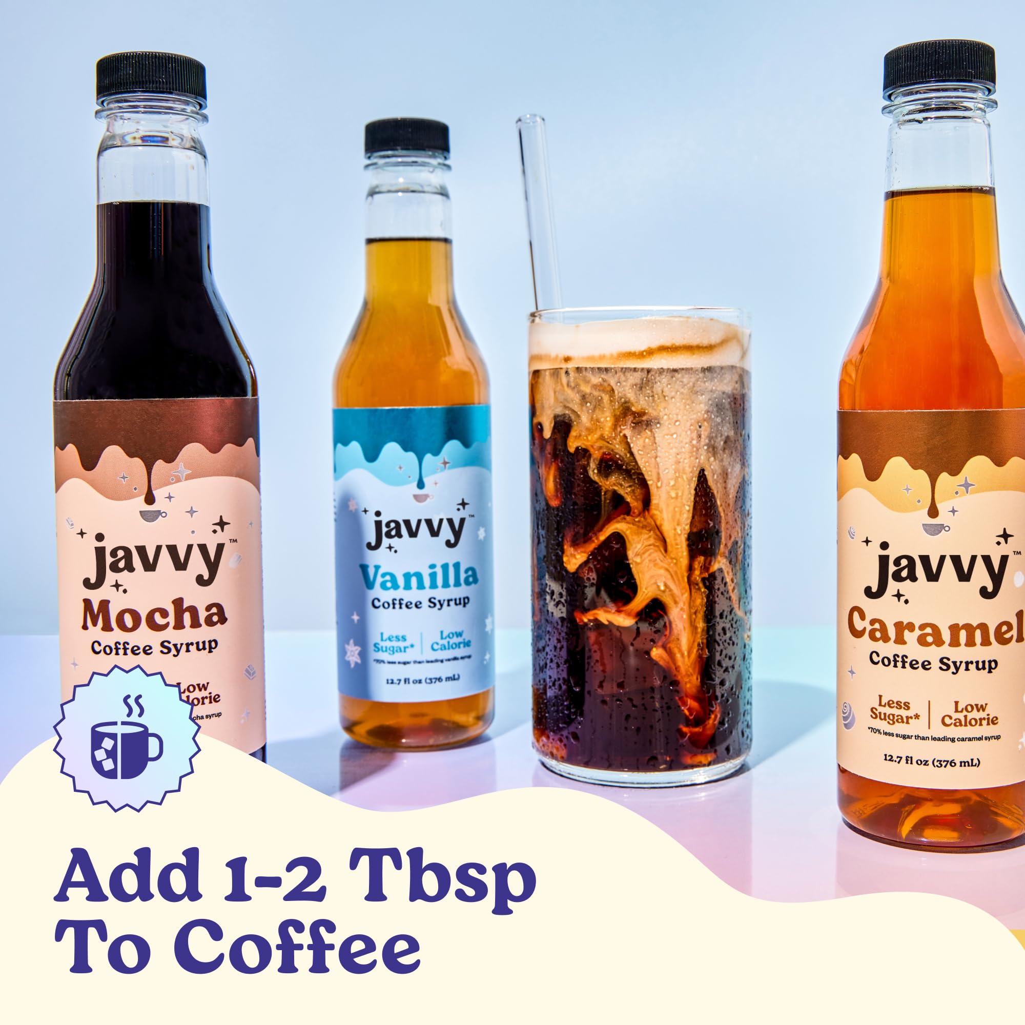 Javvy Coffee Syrup Caramel in an iced coffee setup showing versatile flavoring.