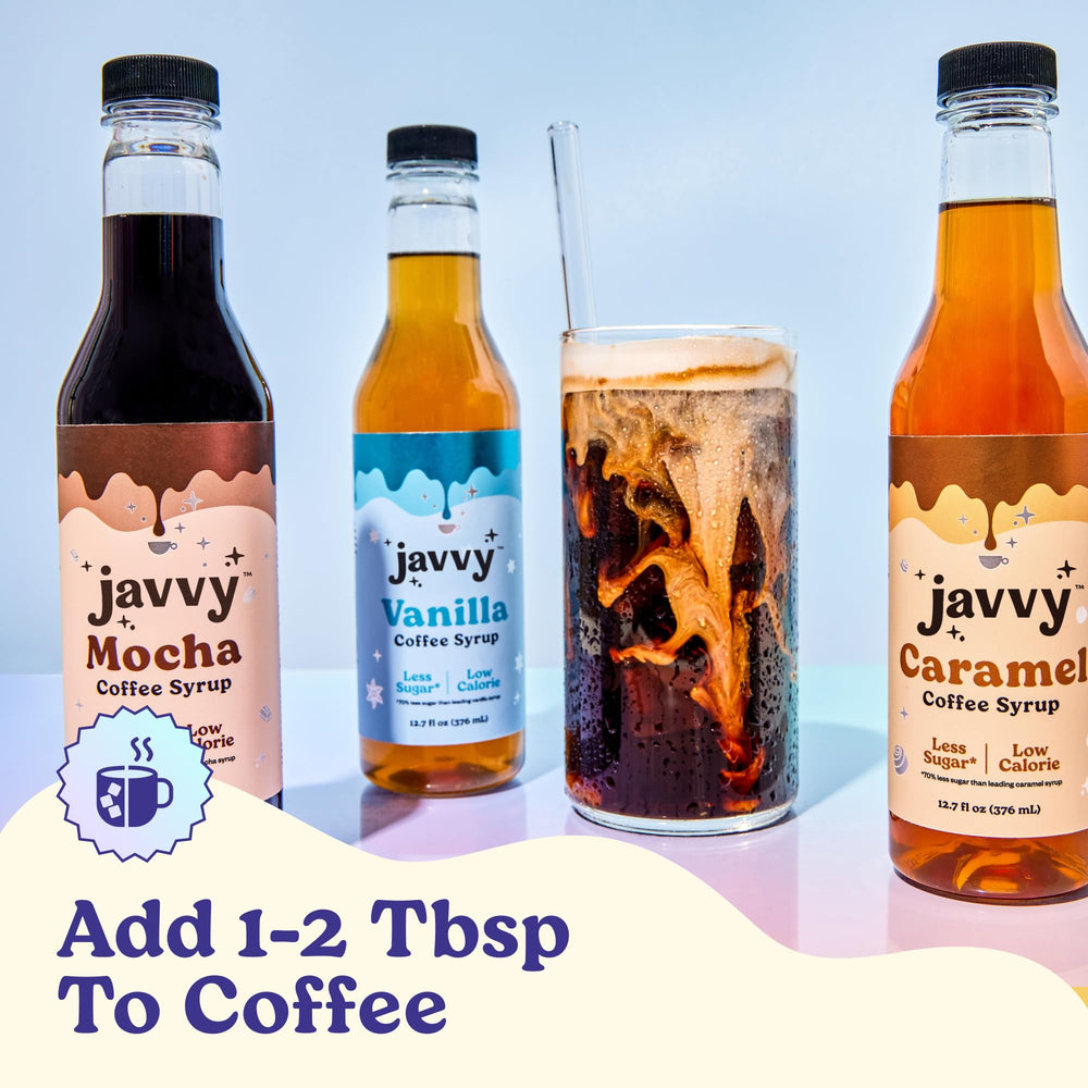 Javvy Coffee Syrup Caramel in an iced coffee setup showing versatile flavoring.