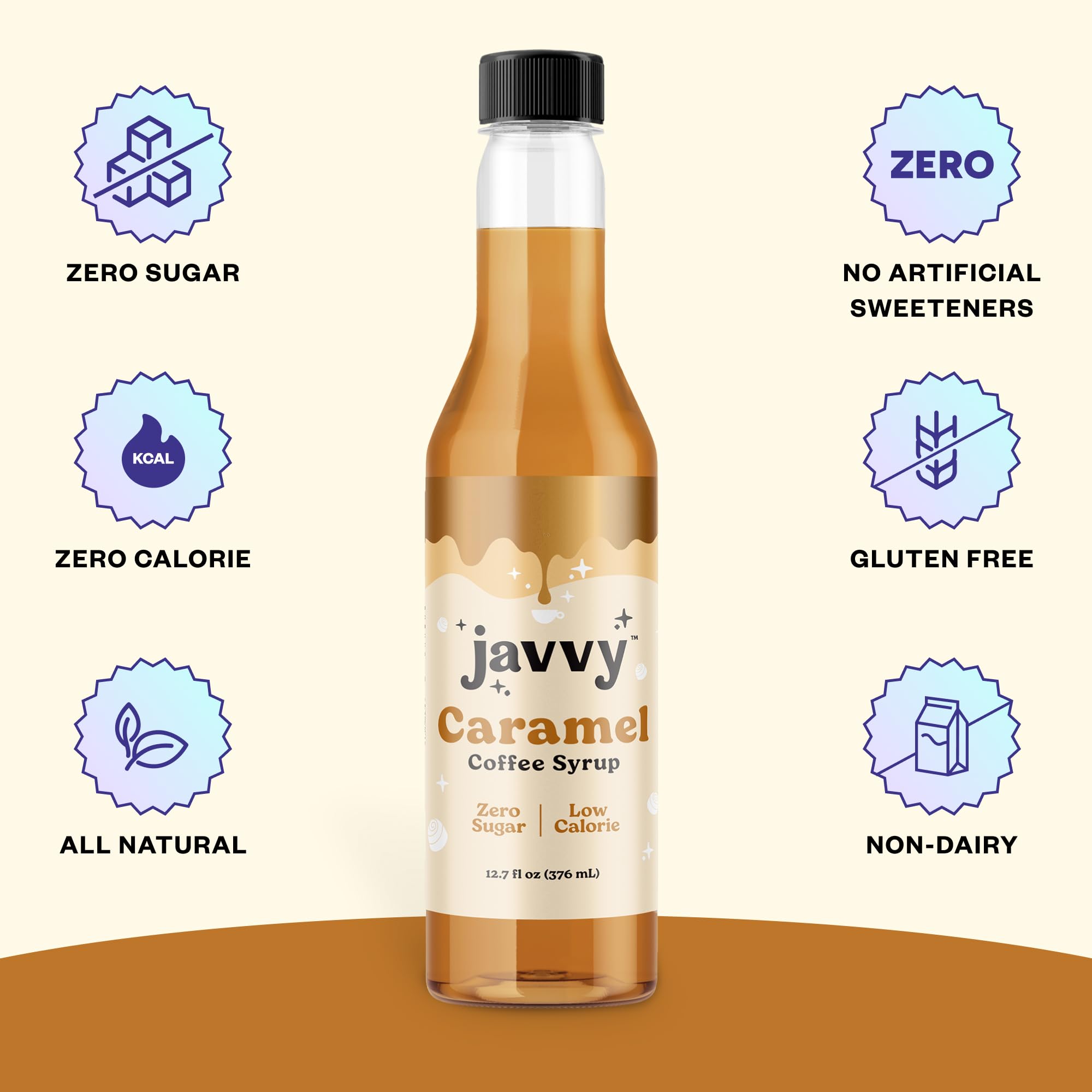 Javvy Coffee Syrup Caramel packaging for convenient, calorie-conscious flavoring.