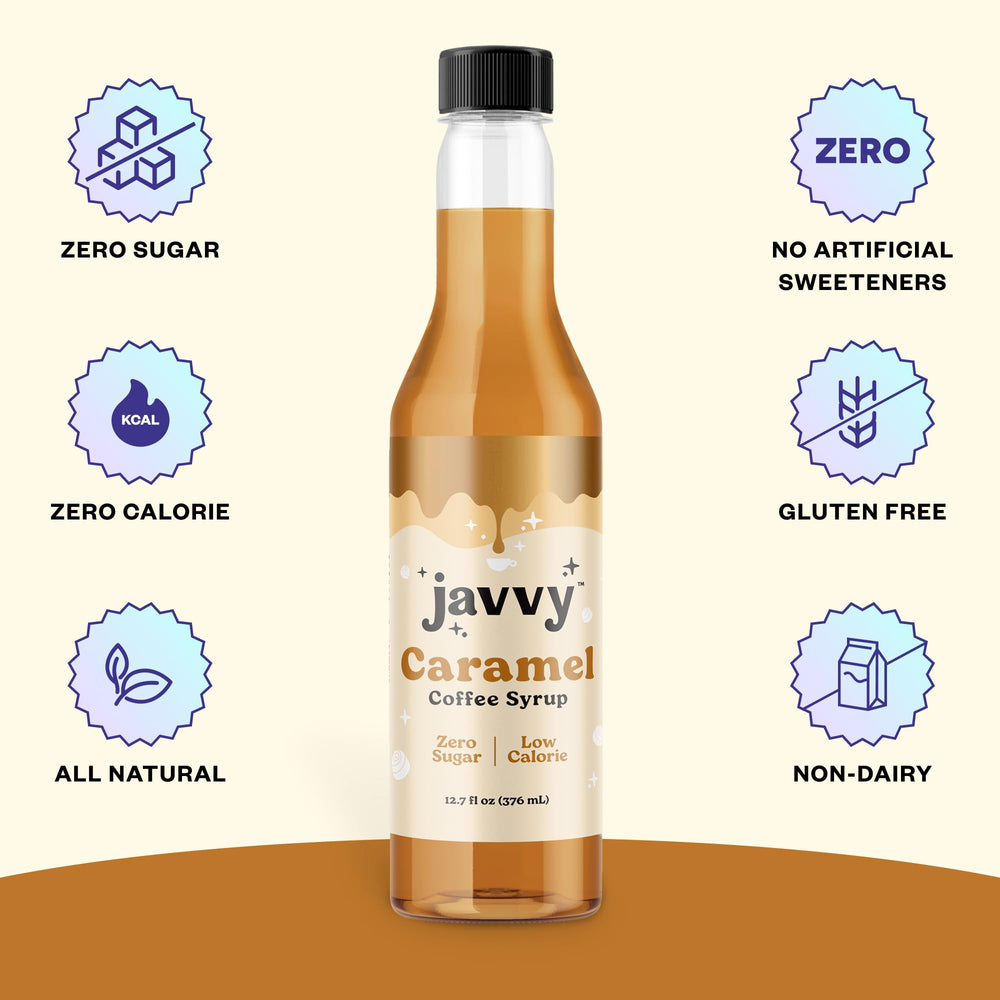 Javvy Coffee Syrup Caramel packaging for convenient, calorie-conscious flavoring.