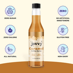 Javvy Coffee Syrup Caramel packaging for convenient, calorie-conscious flavoring.
