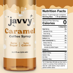Javvy Coffee Syrup Caramel being poured for a café-worthy drink.