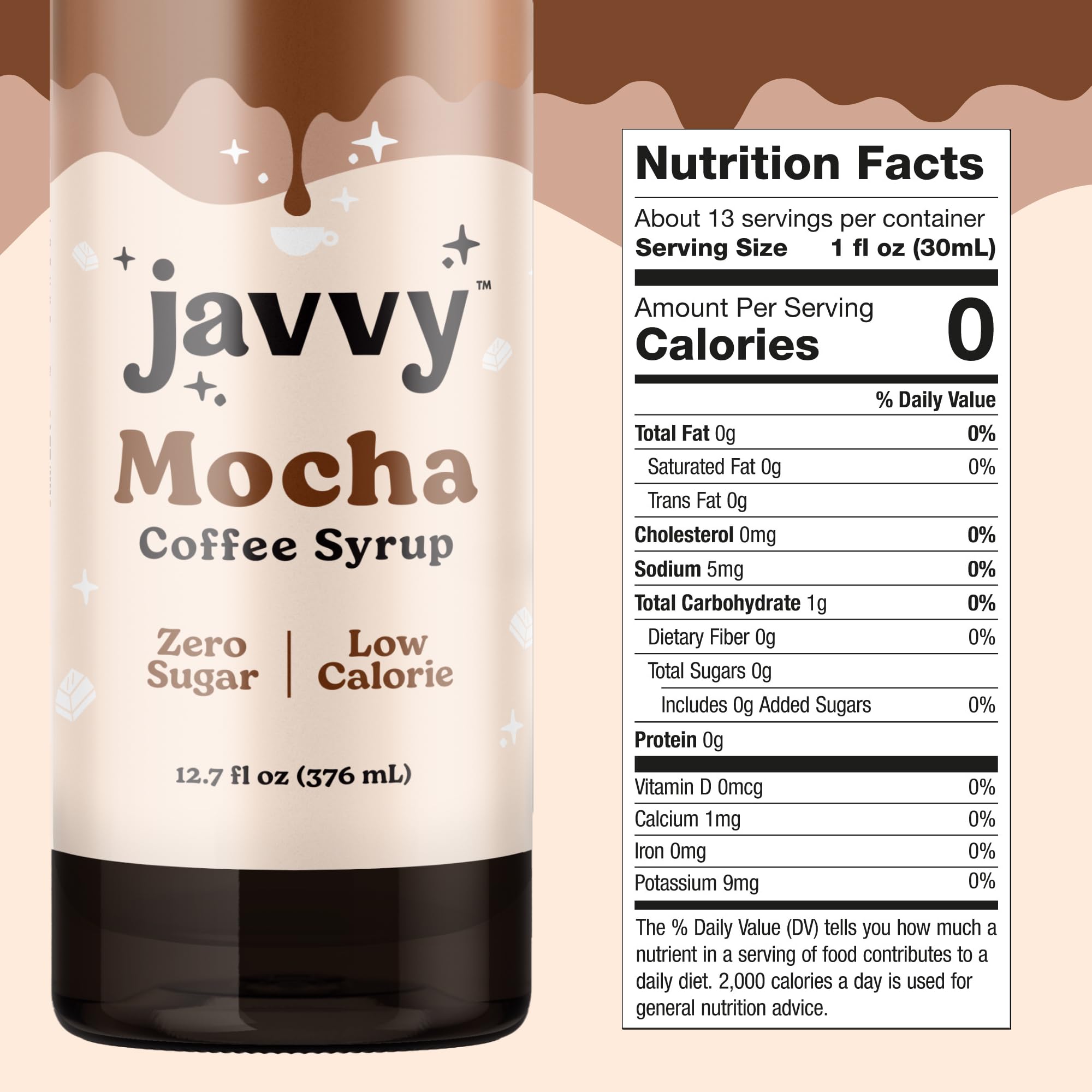 Javvy Mocha coffee syrup bottle pouring into a beverage
