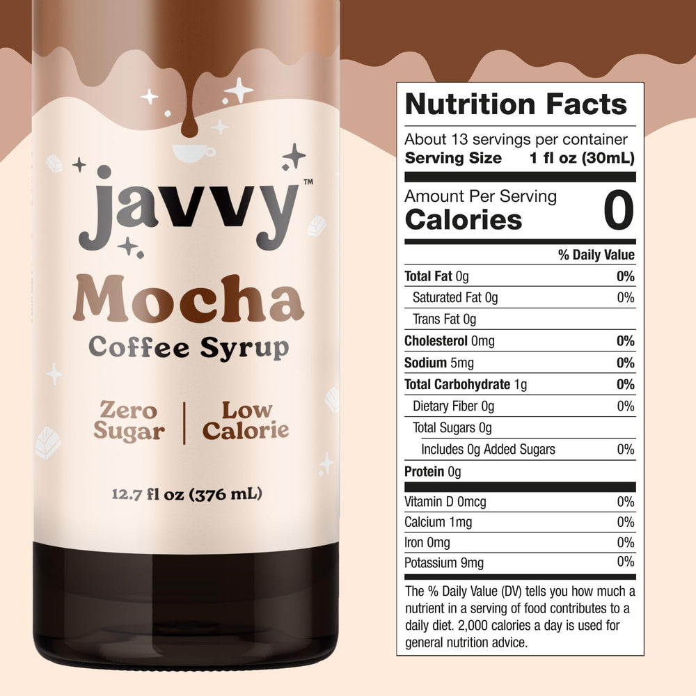 Javvy Mocha coffee syrup bottle pouring into a beverage