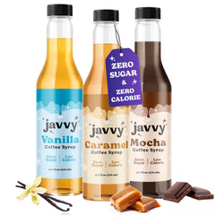 Javvy Vanilla coffee syrup bottle pouring to elevate morning coffee