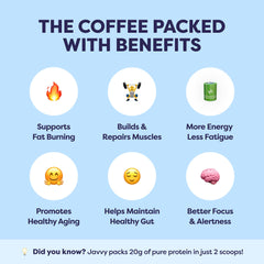 Scoop of Javvy French Vanilla protein coffee on a mug