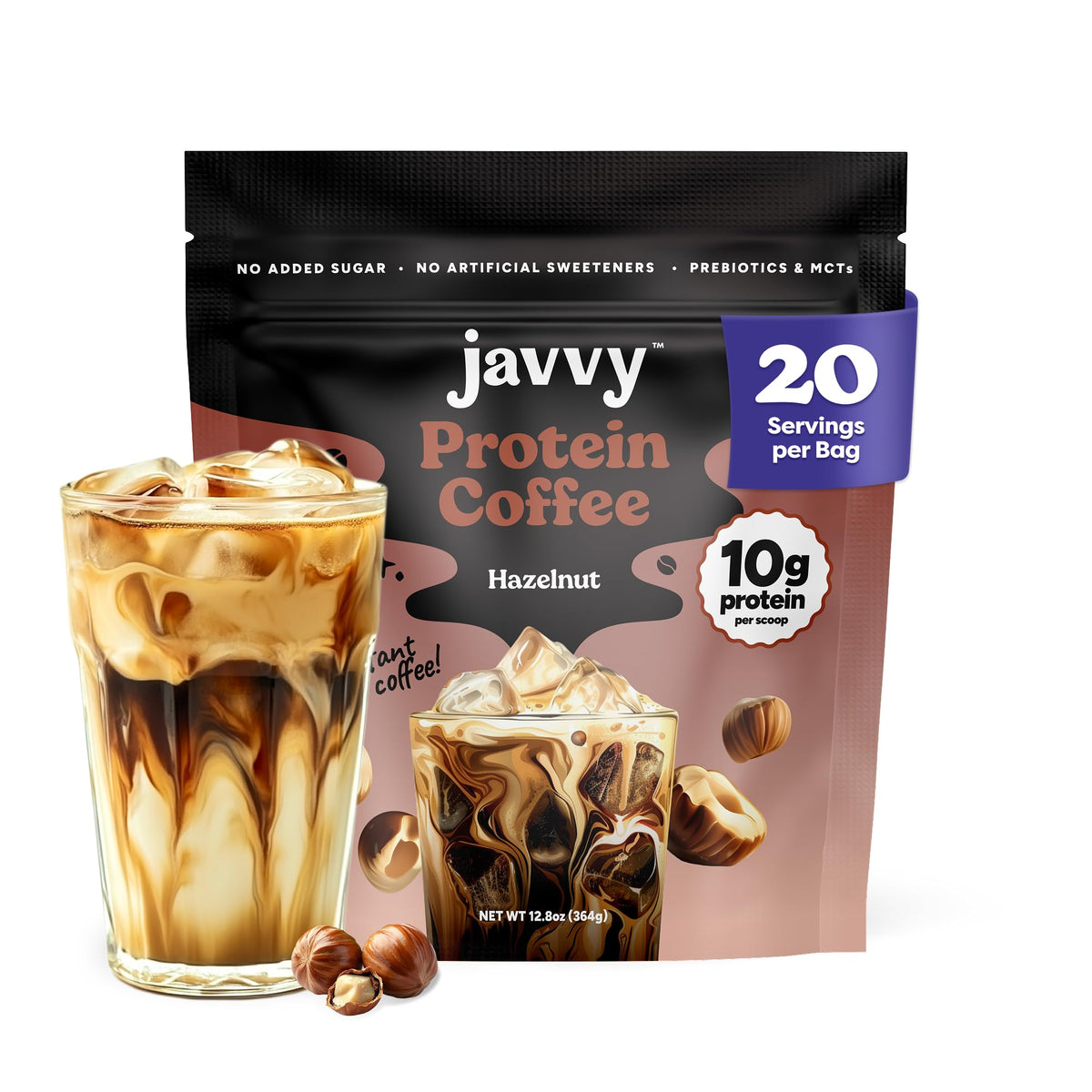 Javvy Hazelnut Protein Iced Coffee bottle with natural ingredients and protein boost.